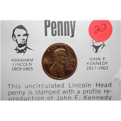 1973 Lincoln Penny With Profile Of Kennedy Imprinted On Obv. With History; UNC; EST. $5-10