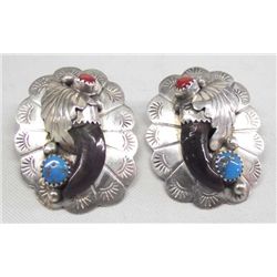 Navajo Sterling Turquoise Coral Claw Earrings