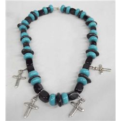 Turquoise Onyx Tibetan Cross Necklace--Judy Young