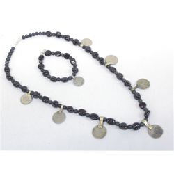 Garnet, Black Agate and Coin Necklace & Bracelet