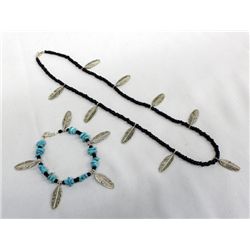Tibetan Silver Feathers & Bead Necklace & Bracelet