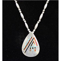 Turquoise & Coral Inlay Pendant Necklace