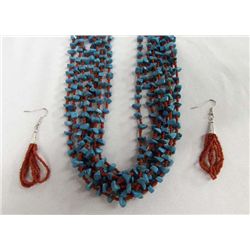 Turquoise Nugget & Coral Bead Necklace & Earrings