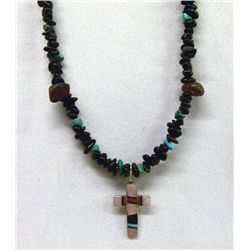 Zuni Inlay Cross on Necklace of Varied Stones