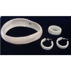 Silver Mesh Jewelry Set, Earrings, Ring, Bracelet