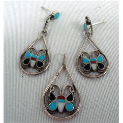 Zuni Channel Inlay Butterfly Pendant, Earrings