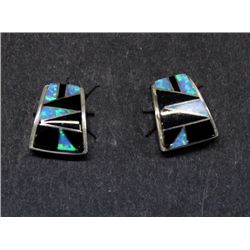 Zuni Sterling Inlay Opal Black Onyx Post Earrings