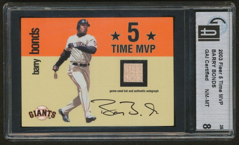 2003 Fleer Barry Bonds 5 Time MVP #1 Game-Used Bat Autograph #208/613 