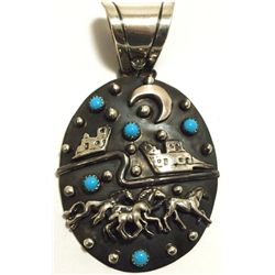 Navajo Turquoise Sterling Silver Horses & Pueblo Pendant - Shakey