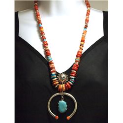 Navajo Spiny Oyster & Turquoise Sterling Silver Necklace - Heidi MC