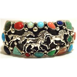 Navajo Multi-Stone Sterling Silver Horses Cuff Bracelet - Shakey
