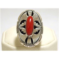 Navajo Coral Sterling Silver Women's Ring - Eugene Belone