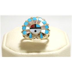 Zuni Multi-Stone Inlay Sun Face Sterling Silver Women's Ring - Emma Romancito