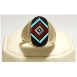 Zuni Multi-Stone Inlay Sterling Silver Men's Ring - V Vacit