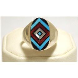 Zuni Multi-Stone Inlay Sterling Silver Men's Ring - V Vacit