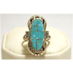 Navajo Turquoise Inlay Sterling Silver Women's Ring - Ray Jack