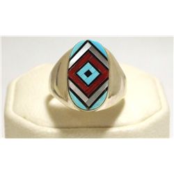 Zuni Multi-Stone Inlay Sterling Silver Men's Ring - V Vacit