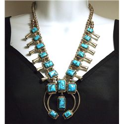 Old Pawn Navajo Sleeping Beauty Turquoise Sterling Silver Squash Blossom Necklace - Harvey Begaye