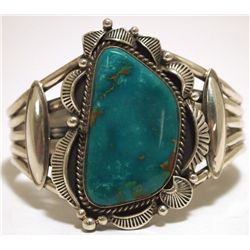 Old Pawn Navajo Mountain Turquoise Sterling Silver Cuff Bracelet - Henry Sam