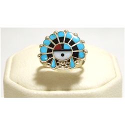 Zuni Multi-Stone Inlay Sun Face Sterling Silver Women's Ring - Emma Romancito