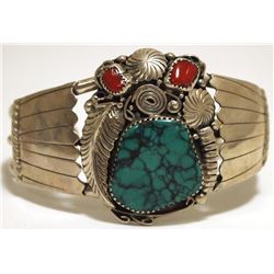 Old Pawn Navajo Spider Web Turquoise & Coral Sterling Silver Cuff Bracelet
