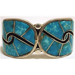 Old Pawn Navajo Sleeping Beauty Turquoise Inlay Sterling Silver Cuff Bracelet - Henry Sam