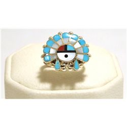 Zuni Multi-Stone Inlay Sun Face Sterling Silver Women's Ring - Emma Romancito