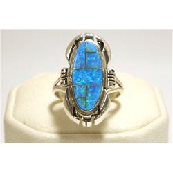 Navajo Blue Opal Inlay Sterling Silver Women's Ring - Ray Jack