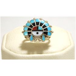 Zuni Multi-Stone Inlay Sun Face Sterling Silver Women's Ring - Emma Romancito