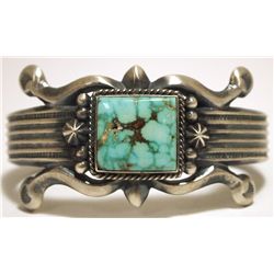 Old Pawn Navajo #8 Turquoise Sterling Silver Cuff Bracelet - Henry Bitsue