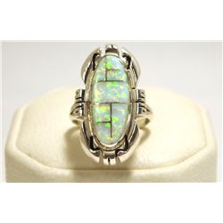 Navajo White/Pink Opal Inlay Sterling Silver Women's Ring - Ray Jack