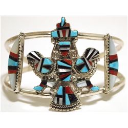 Zuni Multi-Stone Inlay Knifewing Kachina Sterling Silver Cuff Bracelet - Herbert Cellicion