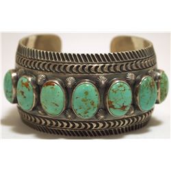 Old Pawn Navajo Mountain Turquoise Sterling Silver Cuff Bracelet - Aaron Toadlena