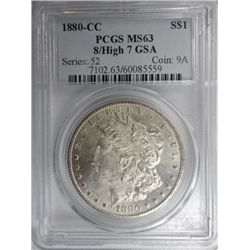 1880-CC MORGAN DOLLAR 8/HIGH 7/GSA PCGS MS 63