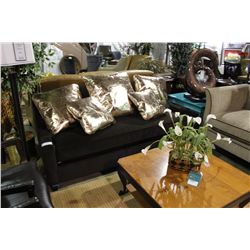 DARK BROWN SOFA WITH 5 GOLD CUSHIONS