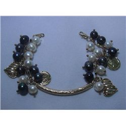 HEART-COIN BLACK AND WHITE PEARL CHARM BRACELET; AUTHEN