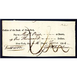 Bank of New York 1794 Issued $1000 Check.