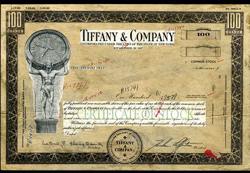 Tiffany & Company, Unique Stock Certificate Model From 1969.