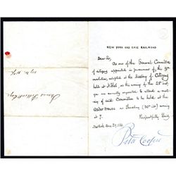 Peter Cooper Autograph Dated 1841 on New York and Erie Railroad Letter Invitation.