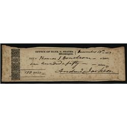 Andrew Jackson Signed 1833 Bank of U.S. Check.