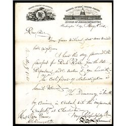 Francis E. Spinner, 1860, Historic Handwritten Letter on House of Representatives Letter Sheet.