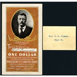 Theodore Rooselvelt 1903 Contribution Certificate for “Entertaining the President of the U.S. “ Upon