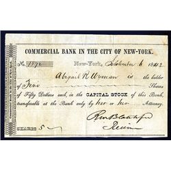 Commercial Bank in the City of New-York, 1842 Issued Stock Certificate.