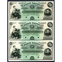 Banco Nacional, 1881 Issue Specimen Uncut Sheet of 3 notes.