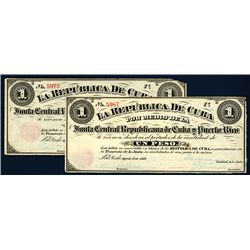 La Republica De Cuba, 1869 Junta Central Republicano Cuba y Puerto Rico Lot of 2 Banknotes.