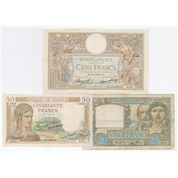 Banque de France, 1937-41 Issue Banknote Trio.