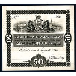 Malare Provinsernas Enskilda Bank, 1856 Issue Proof.