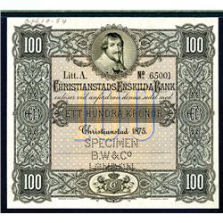 Christianstads Enskilda Bank, 1875 Issue Specimen Banknote.