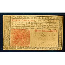 New Jersey colonial Note, March 25, 1776, 3 Shillings, Fr#NJ-177 PMG CU 64.