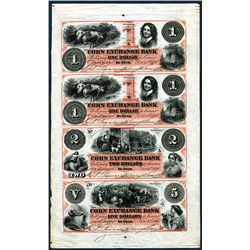 Corn Exchange Bank, 1860 Uncut Partially Issued Obsolete Sheet of 4 In Orange-red.